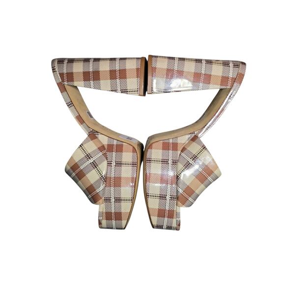 Larroude Dolly Mule Caramel Plaid Patent Leather Platform Heels Size 8.5 - Picture 5 of 9